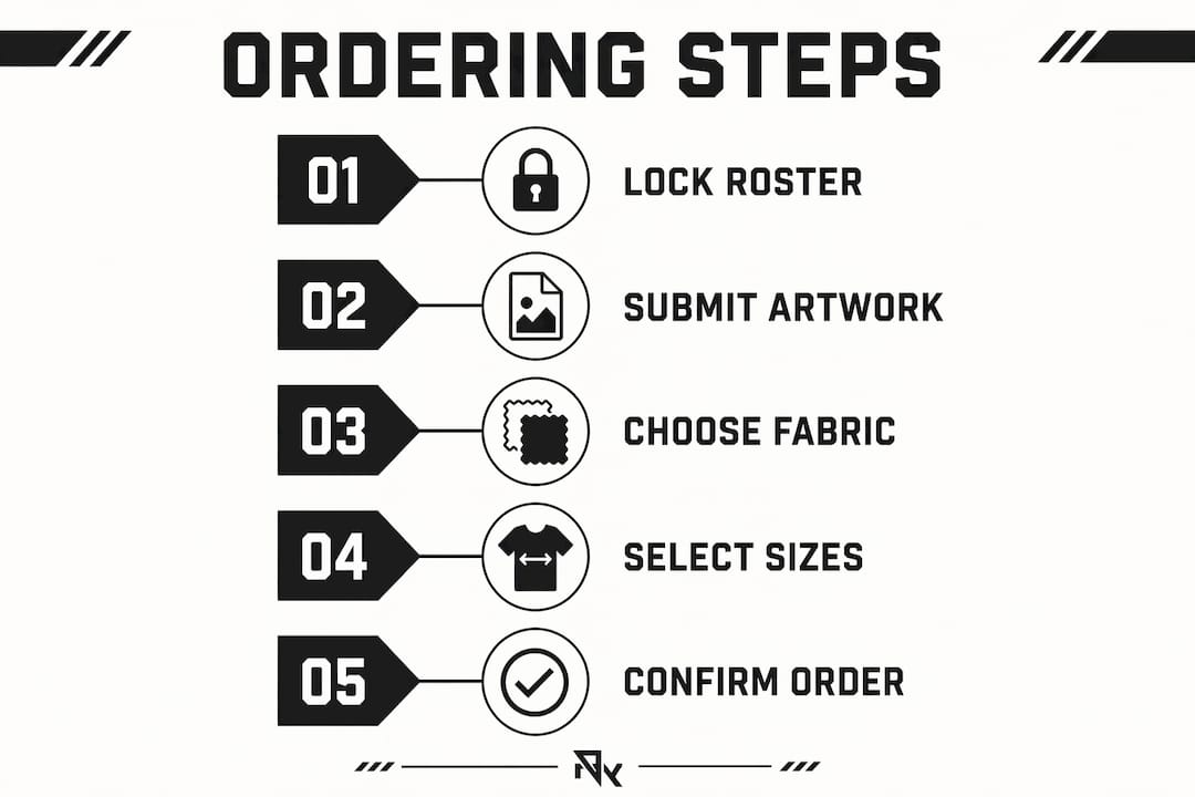 Infographic outlining ordering steps for custom hockey shorts