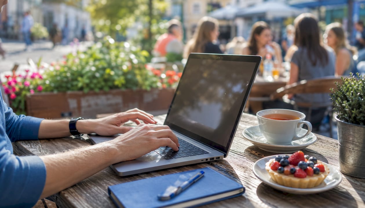 Hands typing on laptop in cafe promoting community