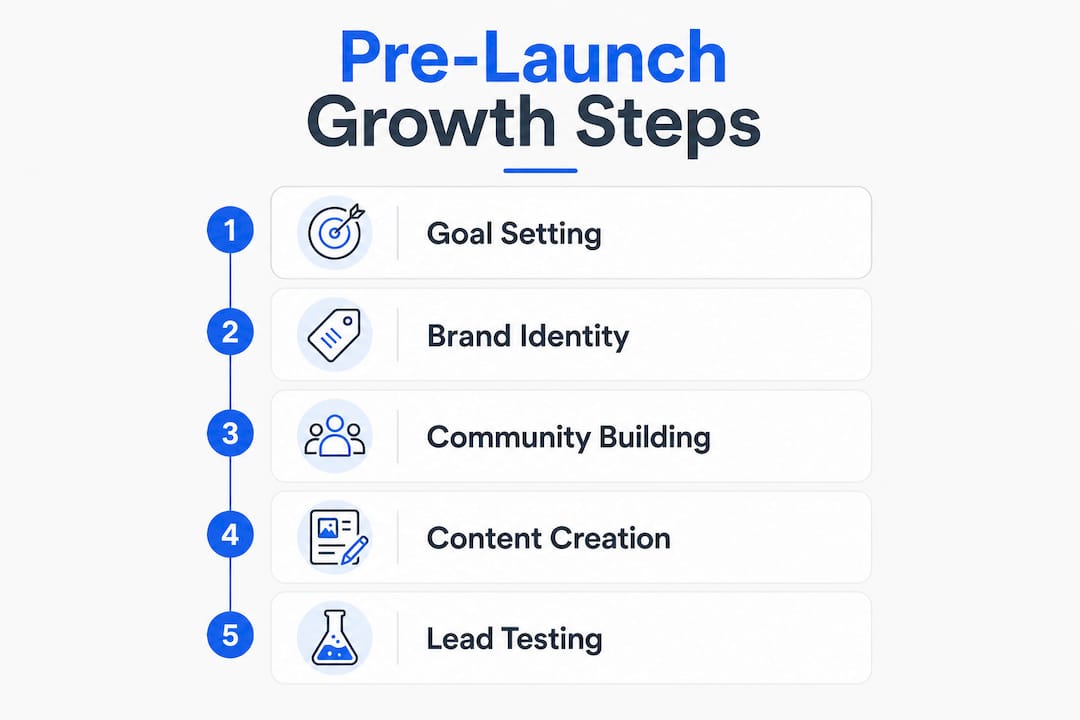 Infographic showing five pre-launch growth steps in vertical flow