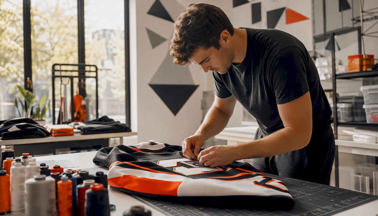 Young man assembling custom hockey jersey