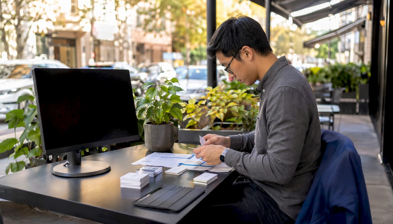 Person sorting business cards and checklists at home office desk.
