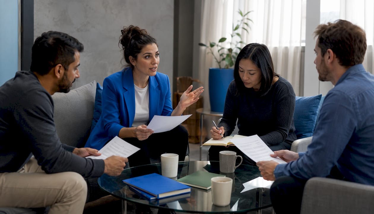 Team discussing customer feedback in meeting room