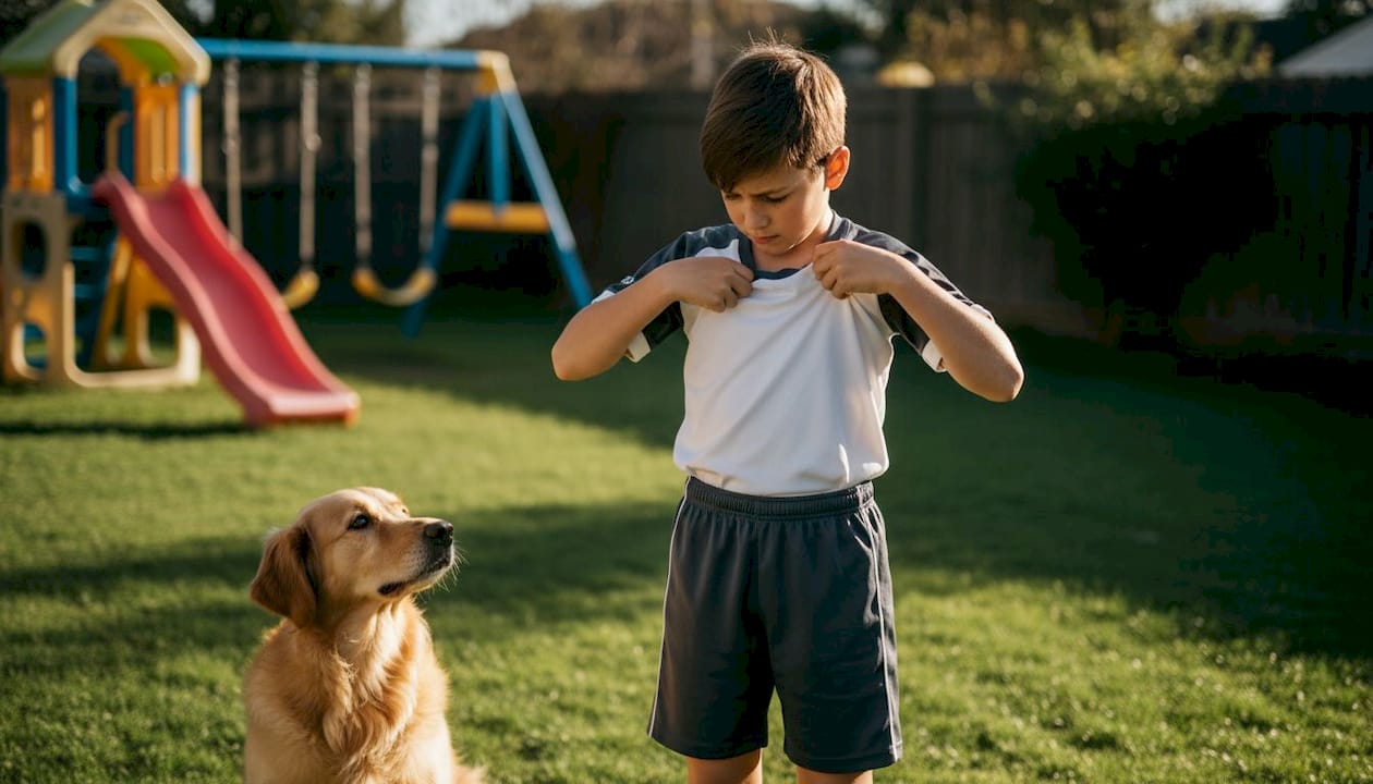 Child adjusting sports uniform fit with parent