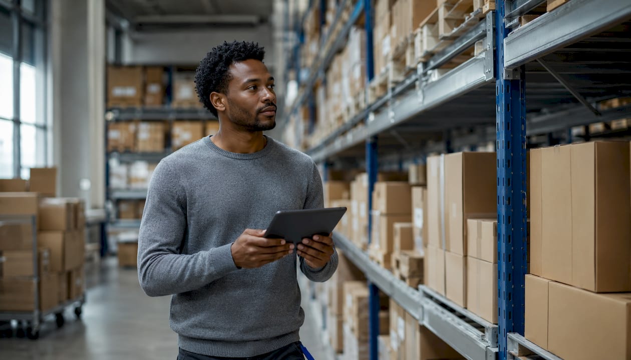 Warehouse worker managing inventory with tablet