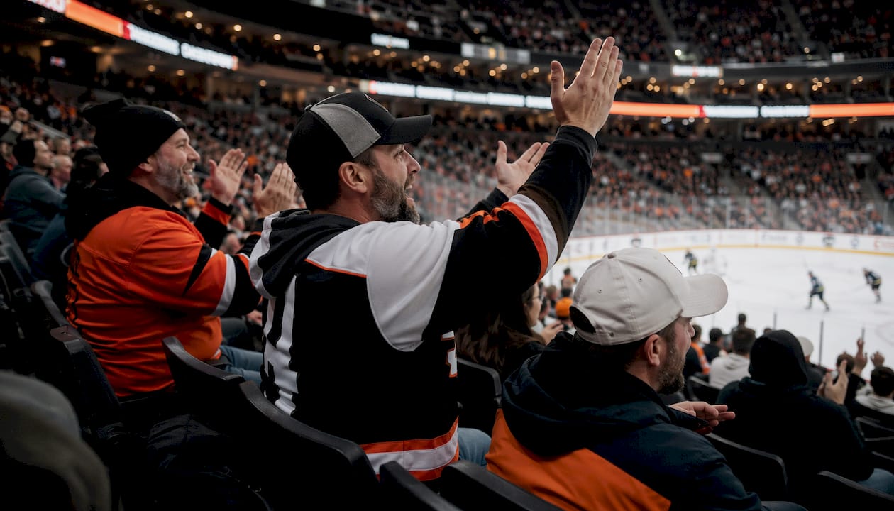 Wide arena view showing fans with diverse hockey seat clothing