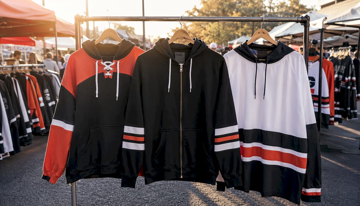Different hockey supporter hoodie styles on hangers