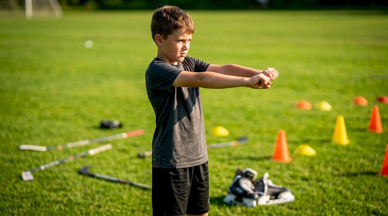 Young hockey player testing tee fit and mobility