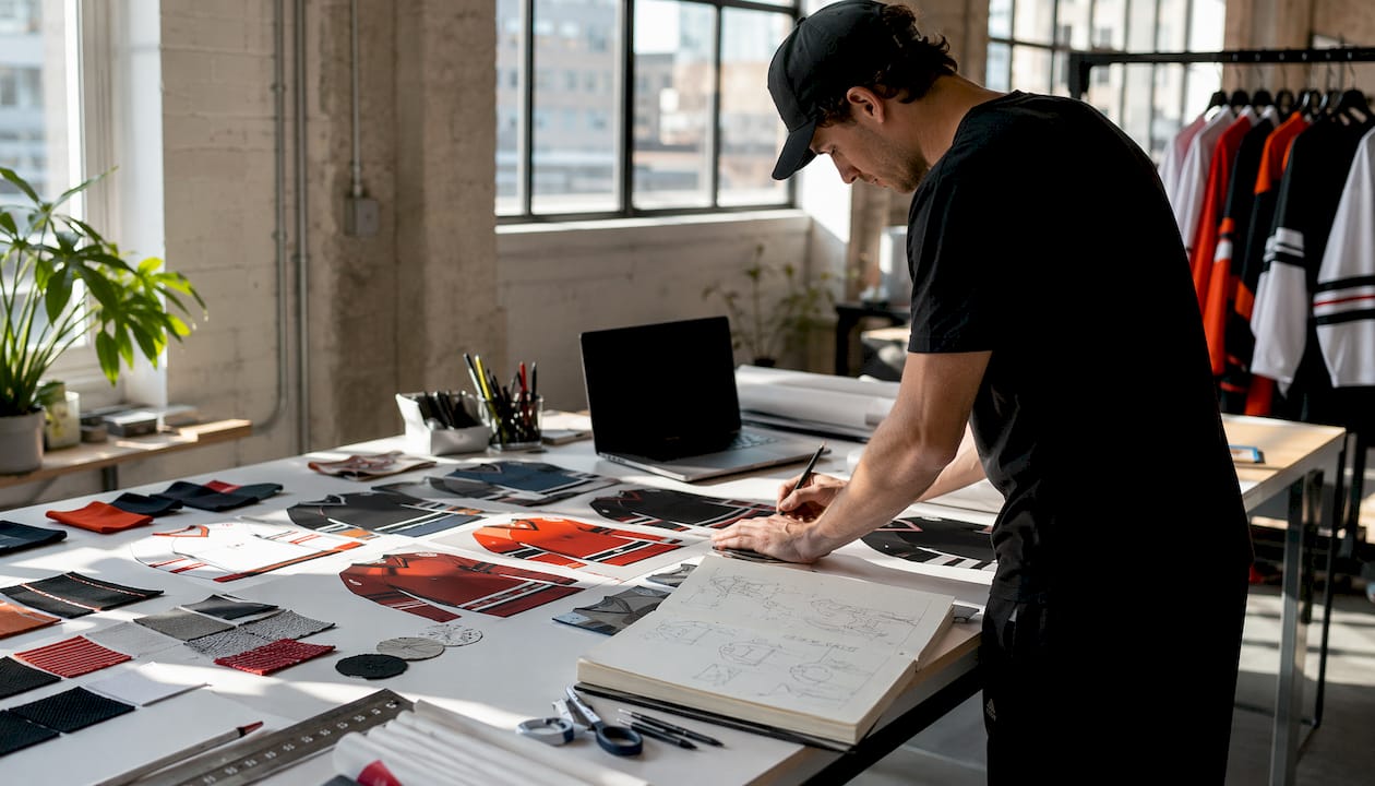 Textile designer sketching custom hockey jersey colors