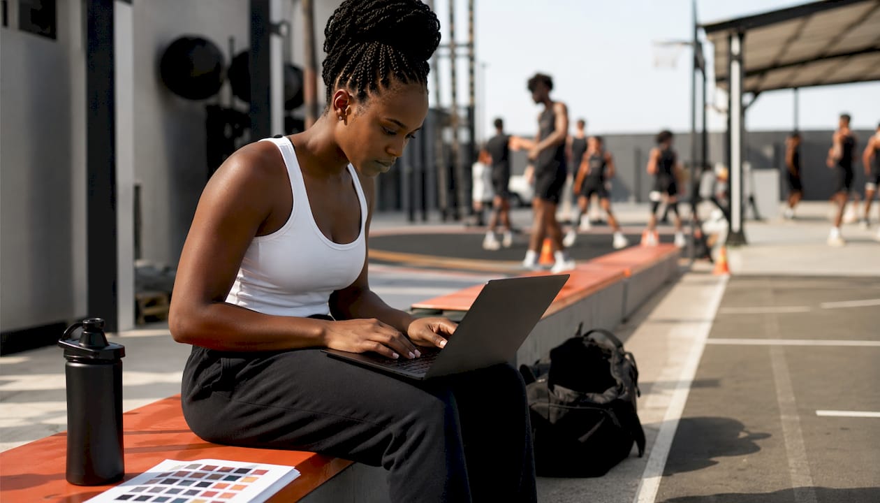 Athlete selecting sizes on laptop keyboard