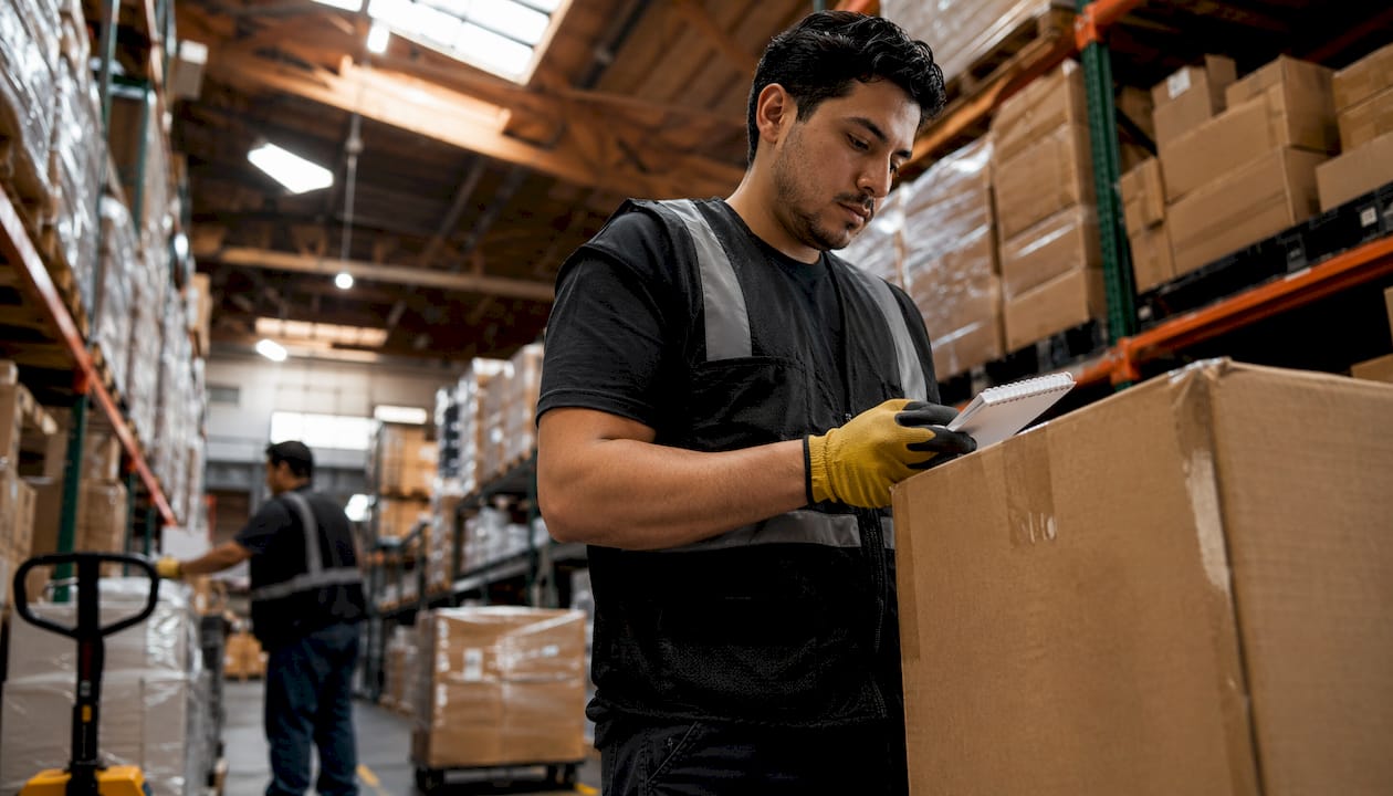 Warehouse worker processing team apparel shipment