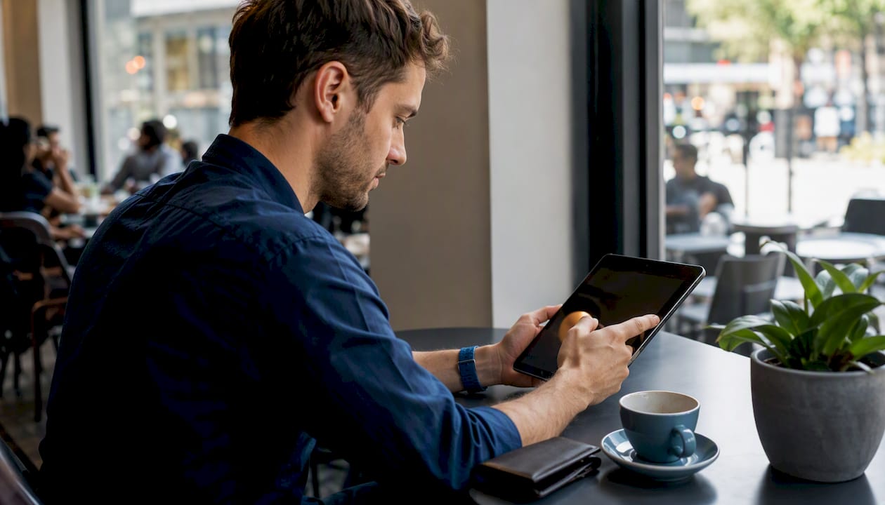 Young man reviewing online checkout on tablet