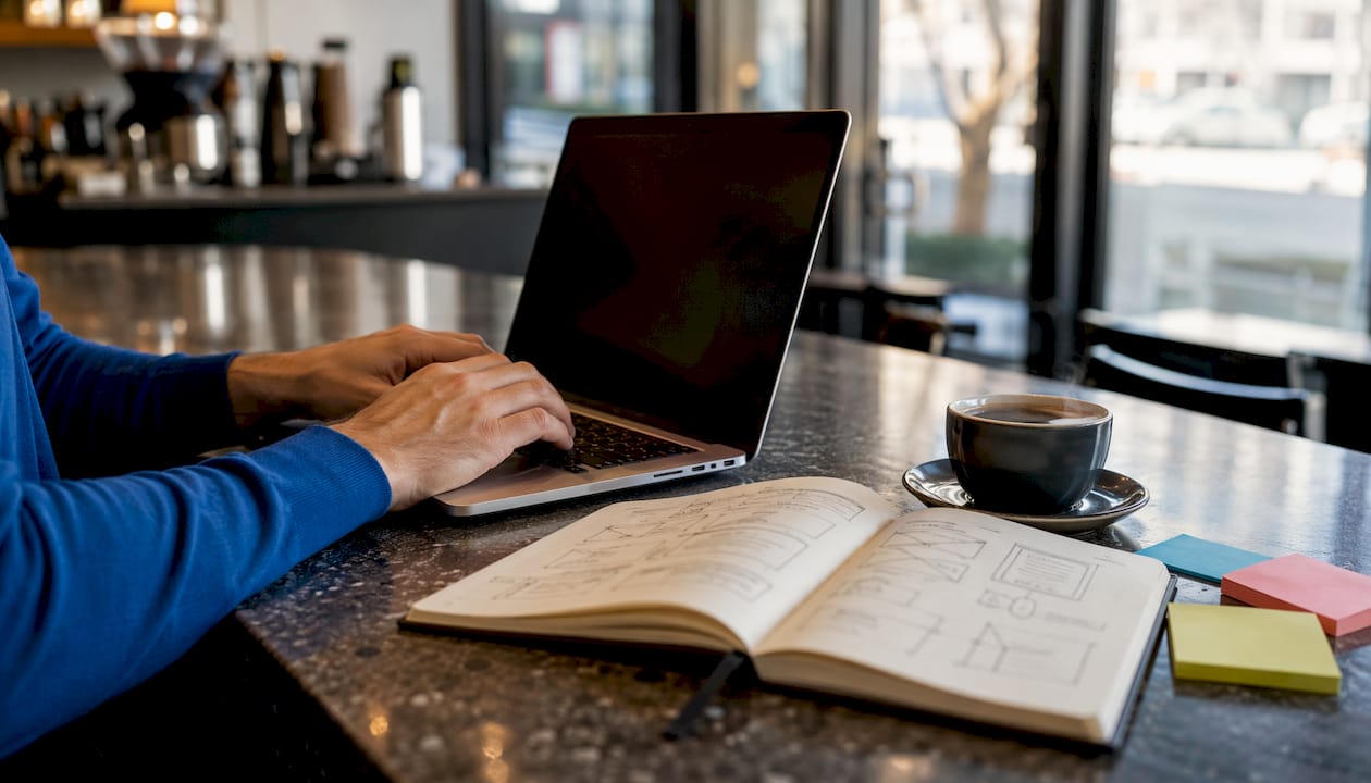 Hands typing on laptop with speed test notes