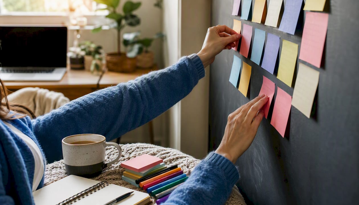 Hands organizing content categories on whiteboard