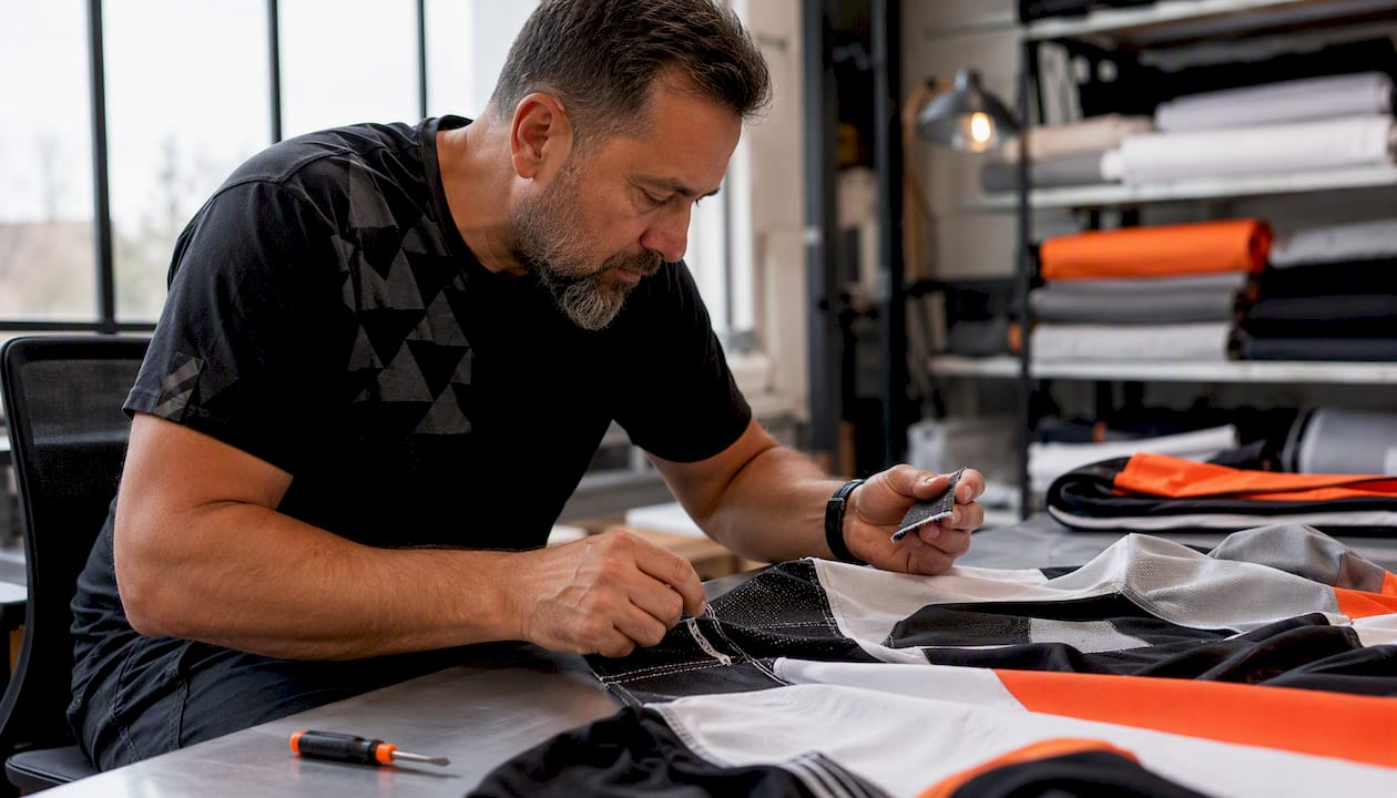 Equipment manager examining reversible jersey fabrics