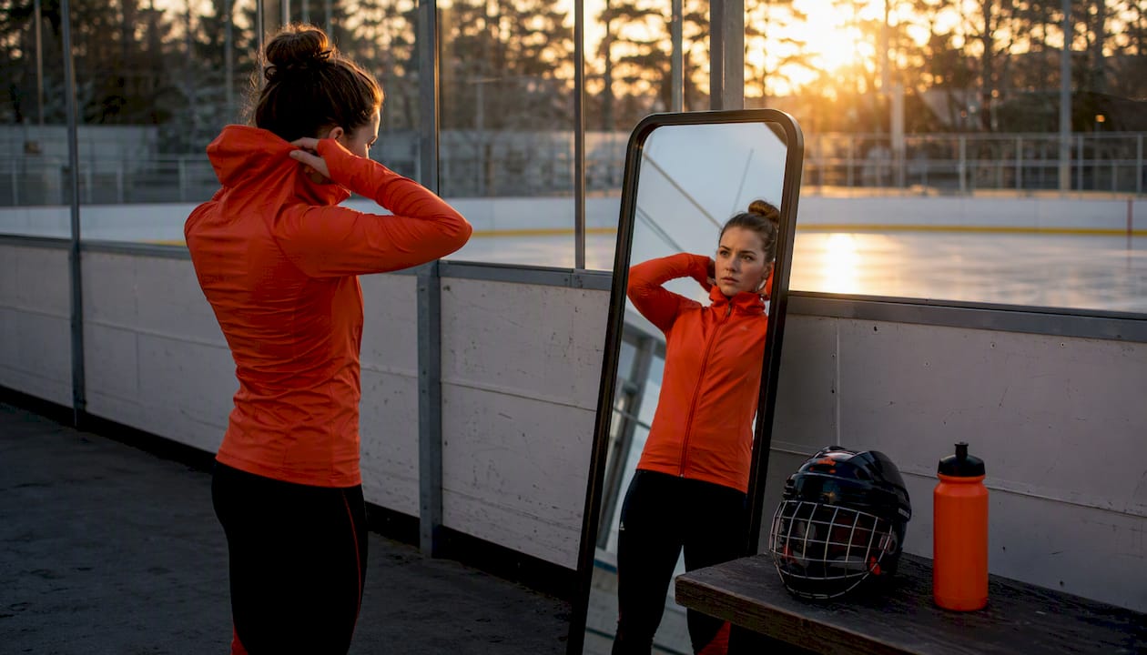Female hockey player checking hoodie fit in mirror