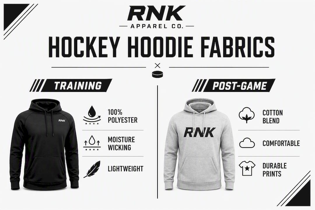 Infographic comparing hockey hoodie fabric types for training and post-game use