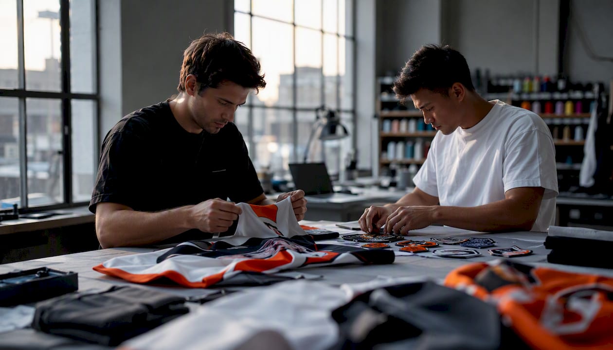 Technicians inspecting hockey jersey decoration samples