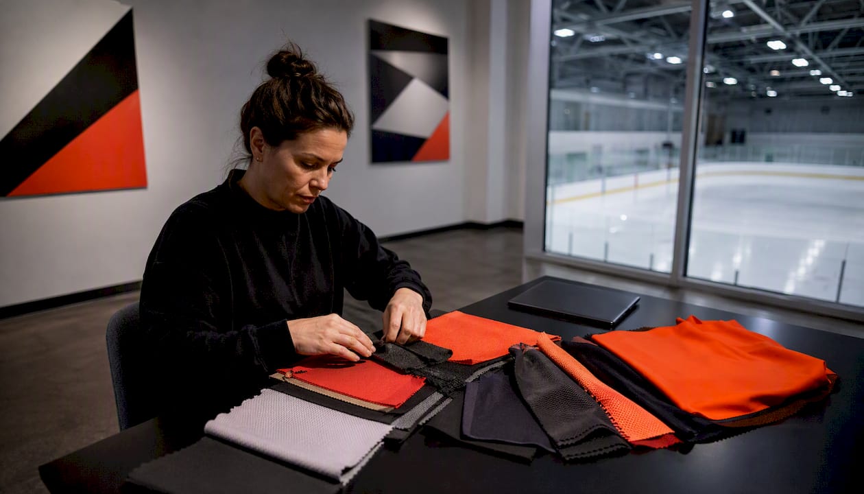 Hands sorting hockey apparel fabric samples