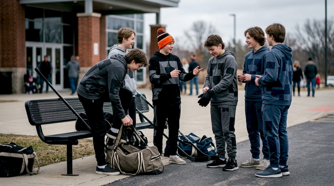 Hockey players in matching off-ice hoodies boarding bus