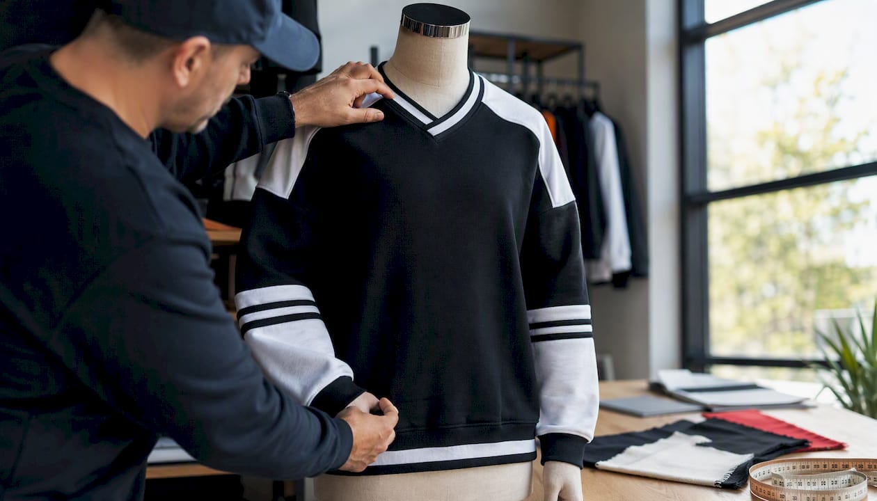 Hands adjusting hockey sweatshirt fit on mannequin