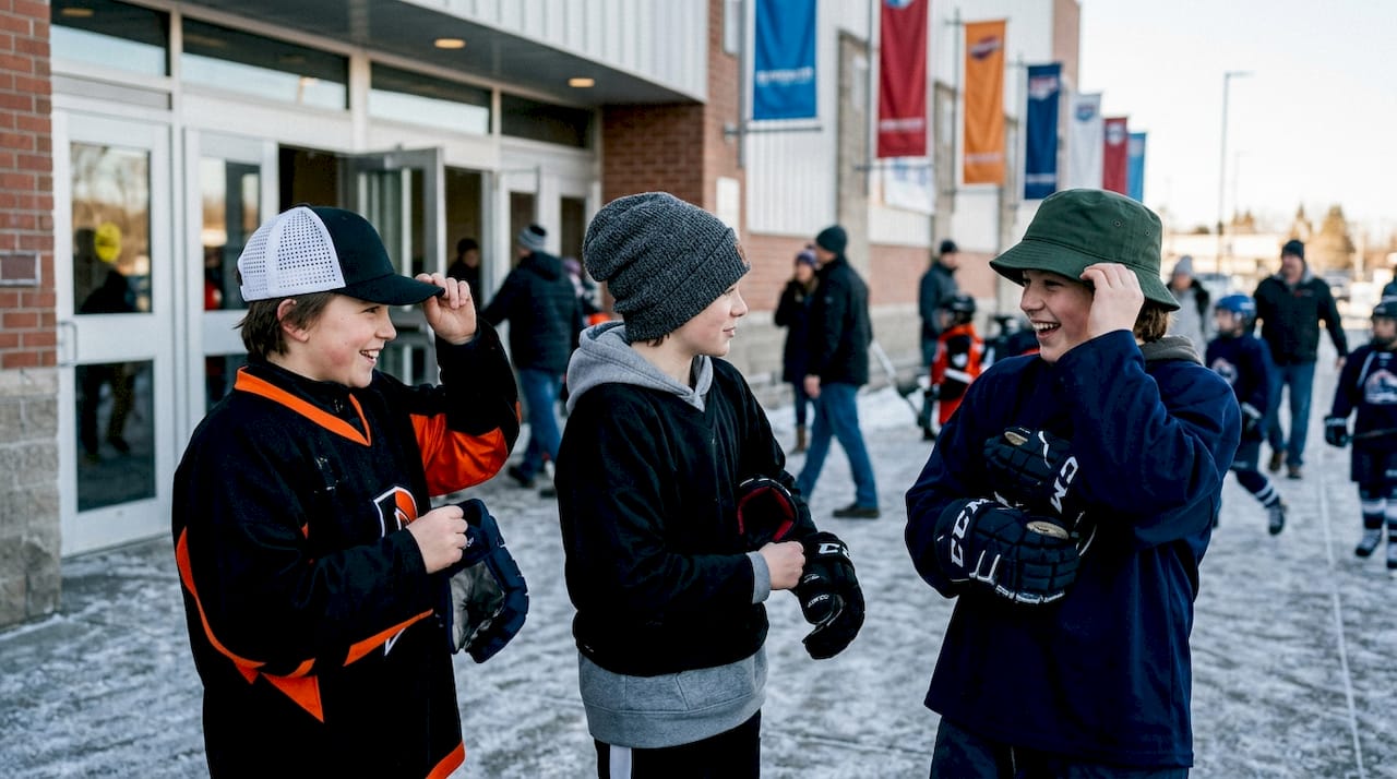 Youth hockey players with various team hats outdoors