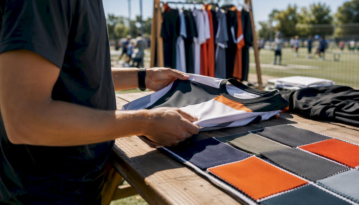 Coach comparing jersey color palettes by hand