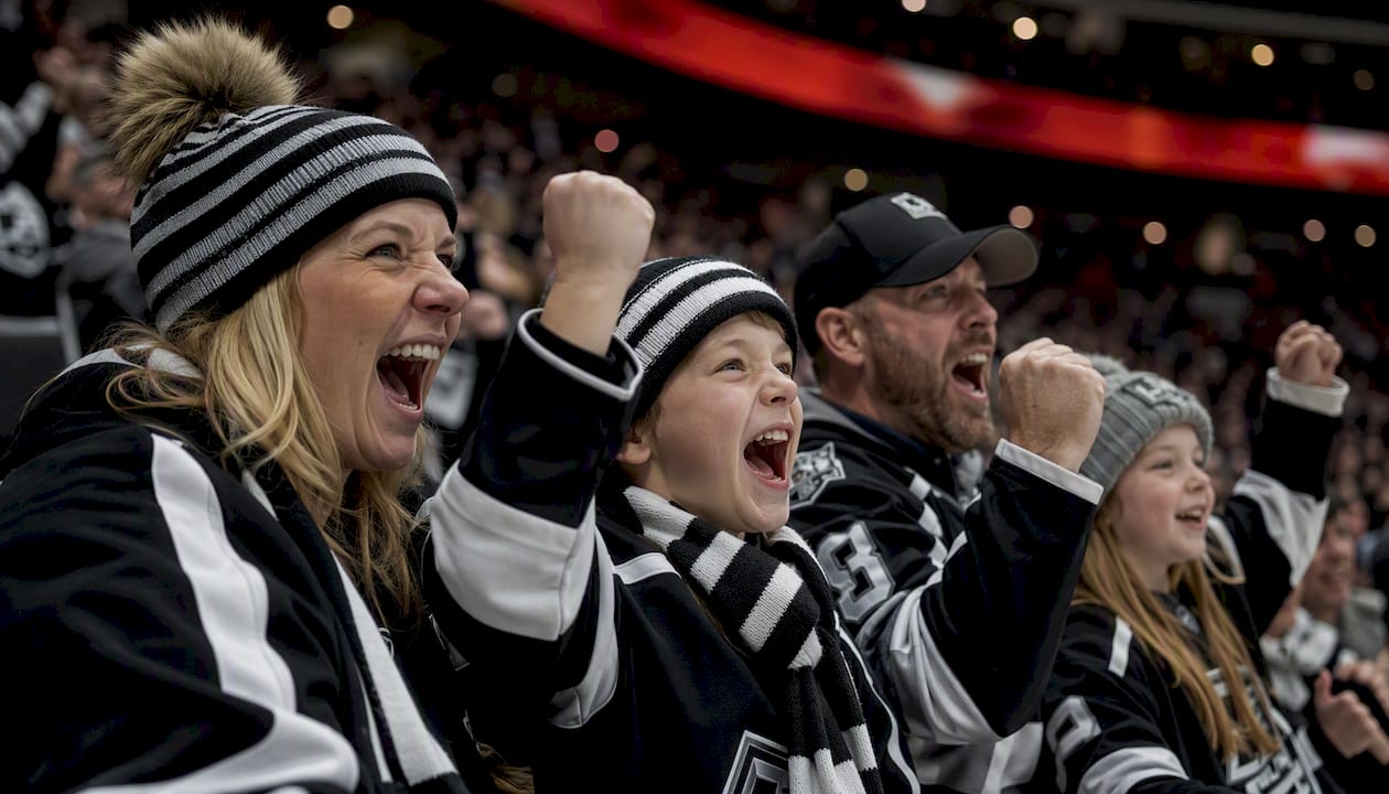 Family group wearing matching hockey fan apparel in stands