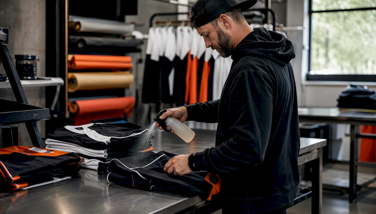 Coach spraying antimicrobial sanitizer on apparel