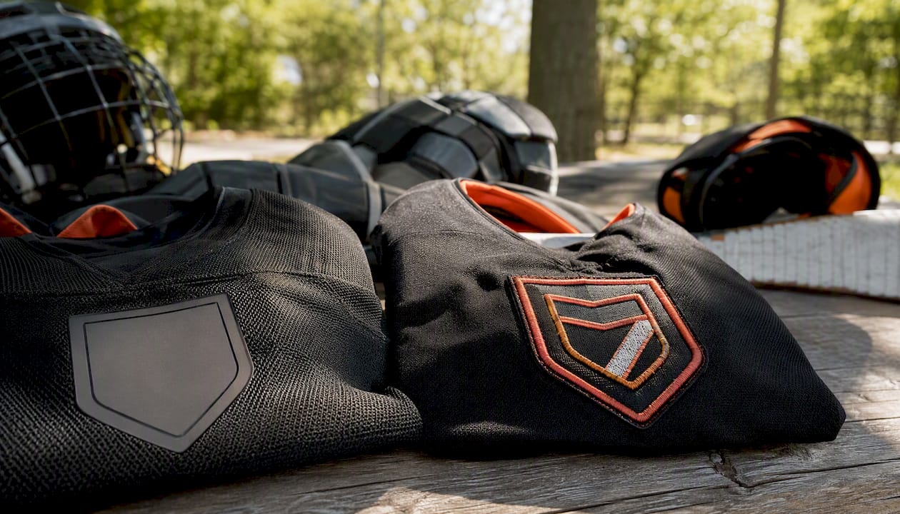 Side-by-side heat-pressed and embroidered patches