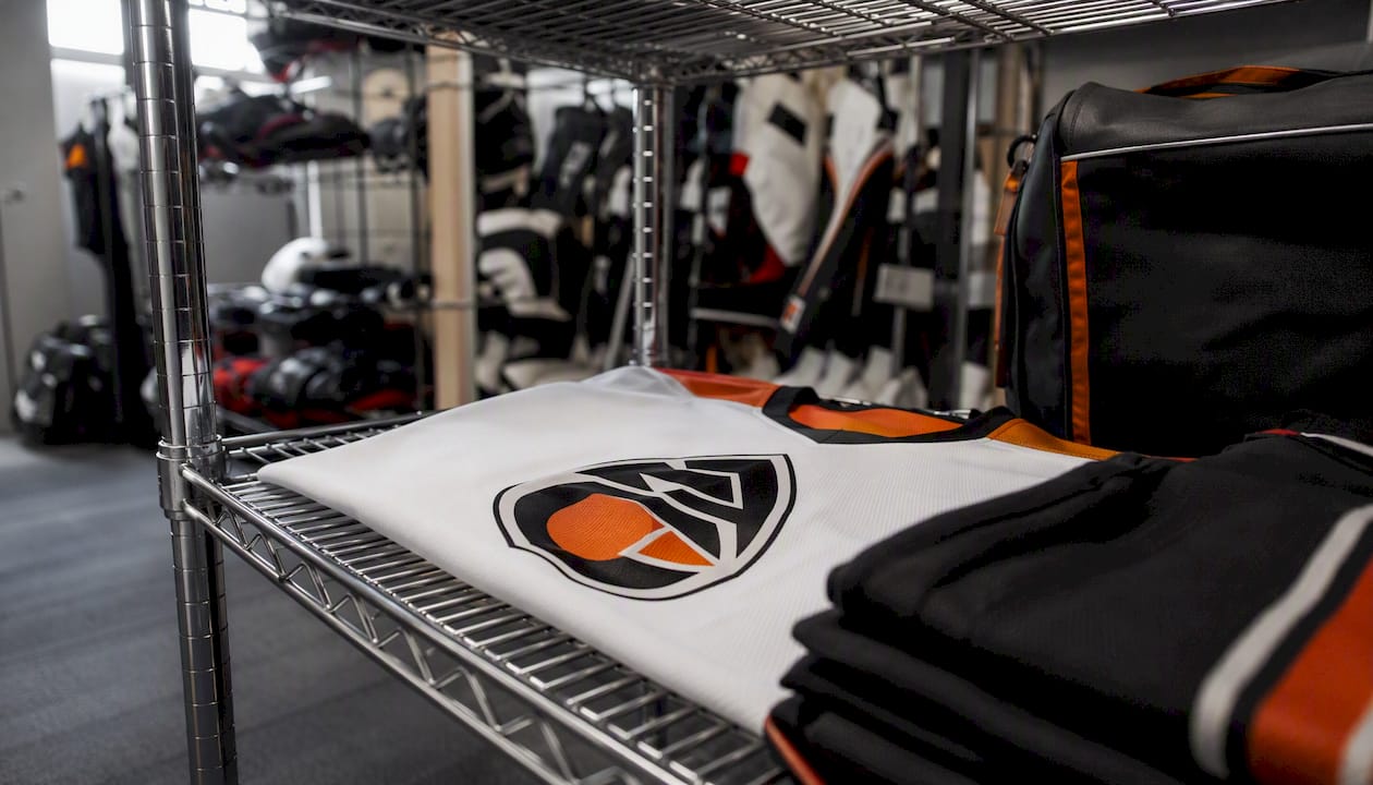 Hockey jersey stored flat on locker shelf
