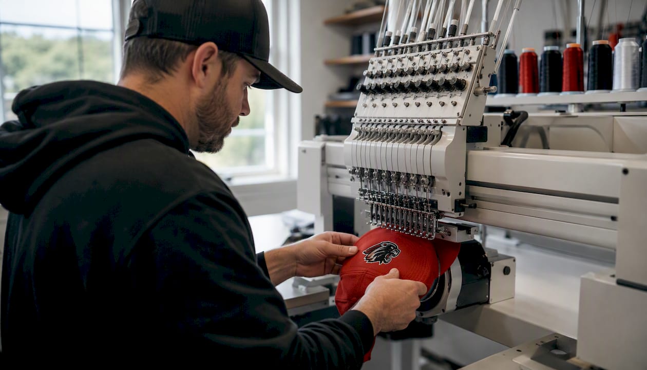 Hands embroidering hockey hat fabric