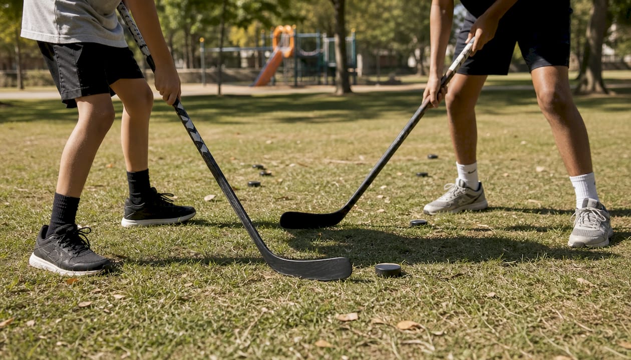 Siblings doing off-ice hockey stickhandling drills