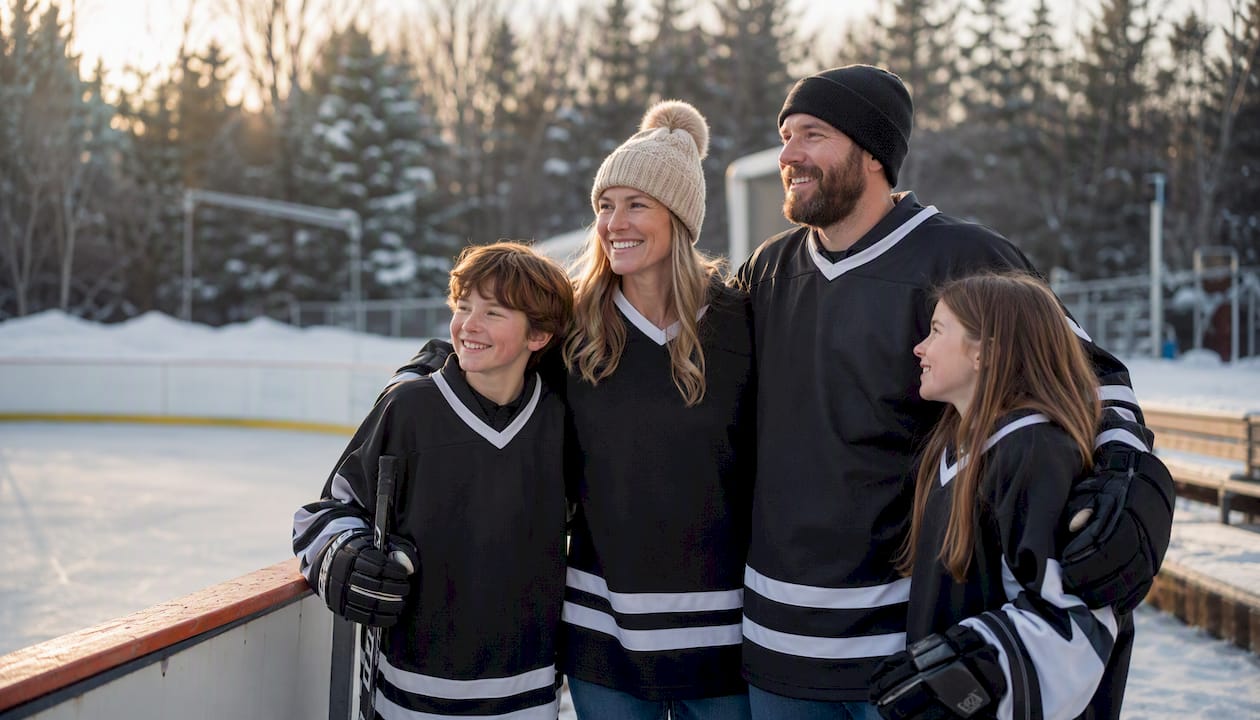 Hockey family posing in matching jerseys