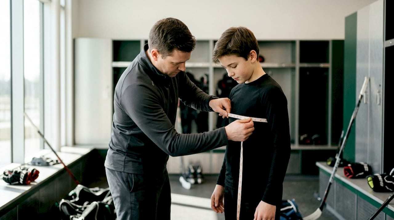 Coach measuring player chest size in locker room