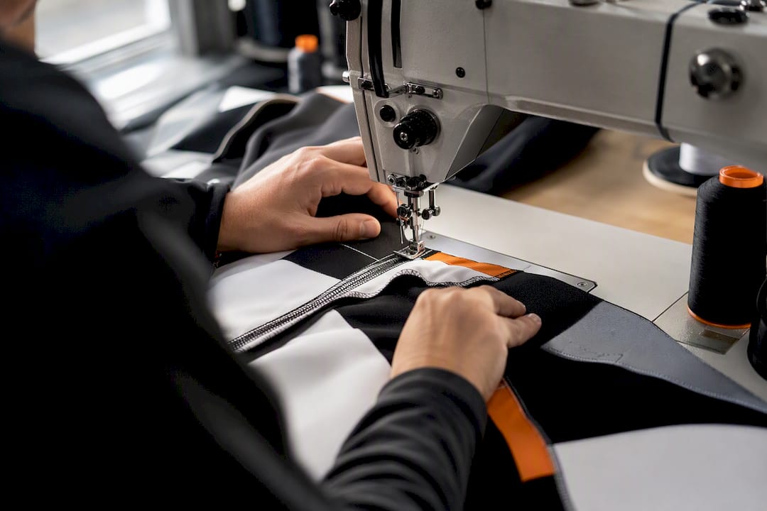 Technician stitching a partial garment panel