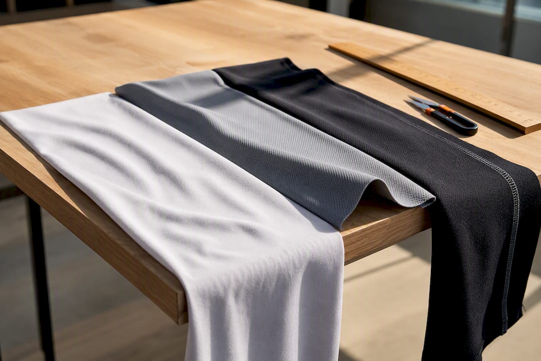 Jersey swatches showing drape and stitched seams