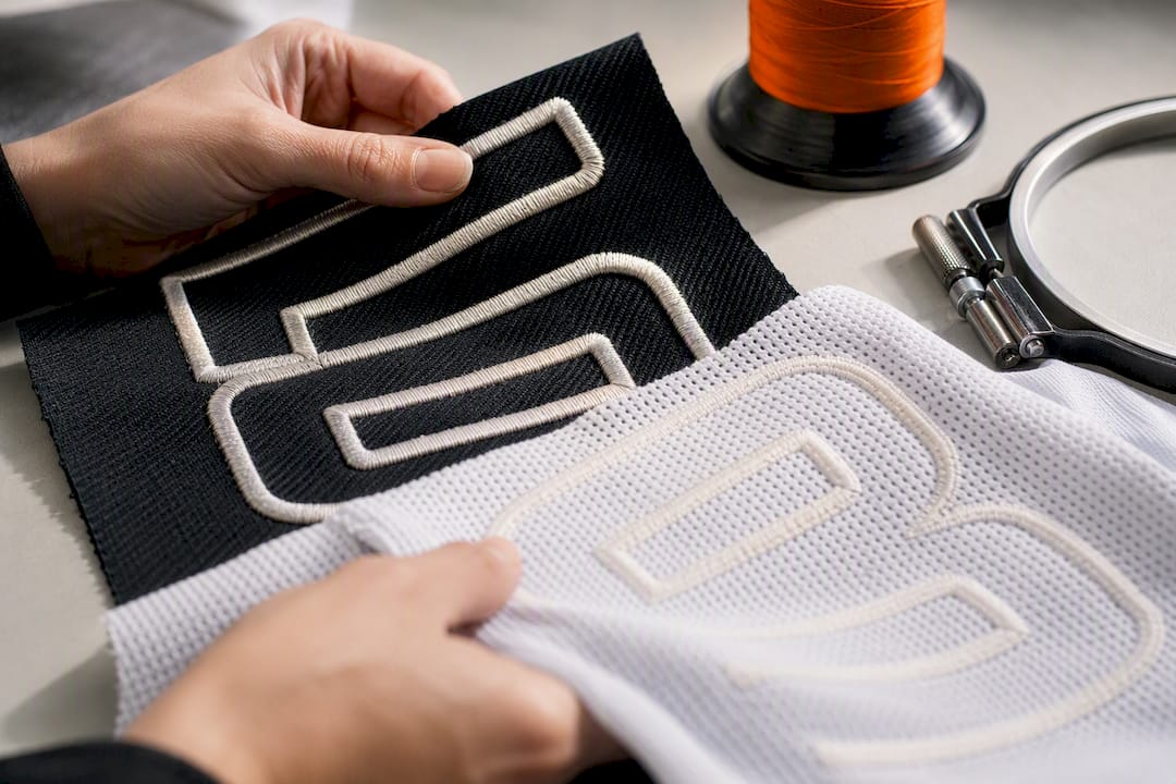 Twill lettering beside lightweight jersey knit