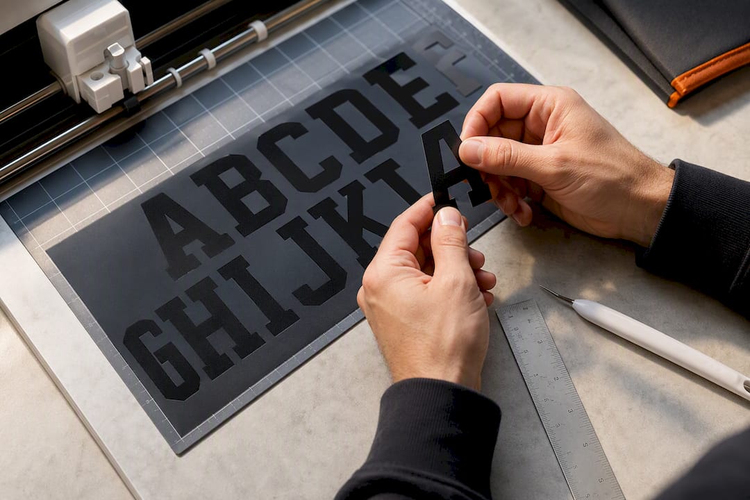 Hands inspecting a cut jersey font test