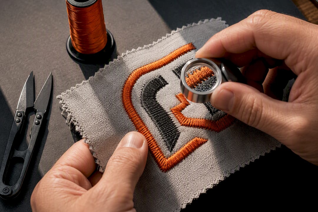 Hands inspecting an embroidered test swatch