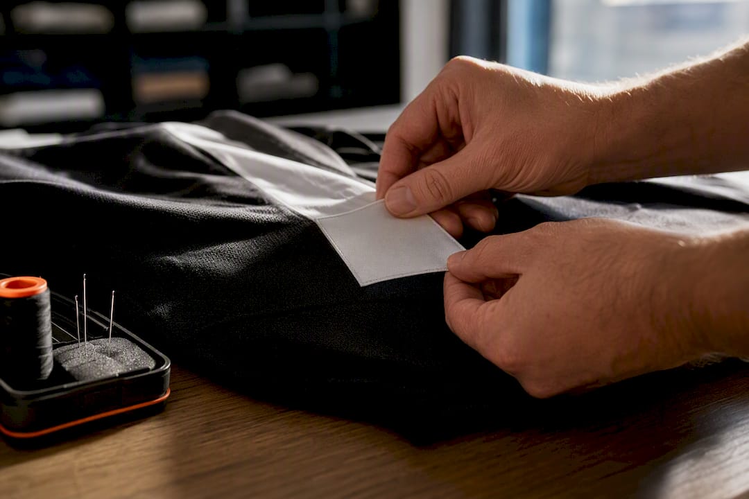 Hands checking a jersey patch edge