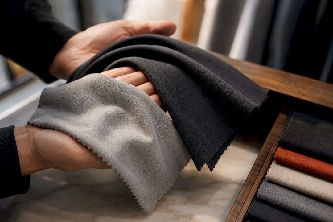 Hands comparing fabric swatch drape