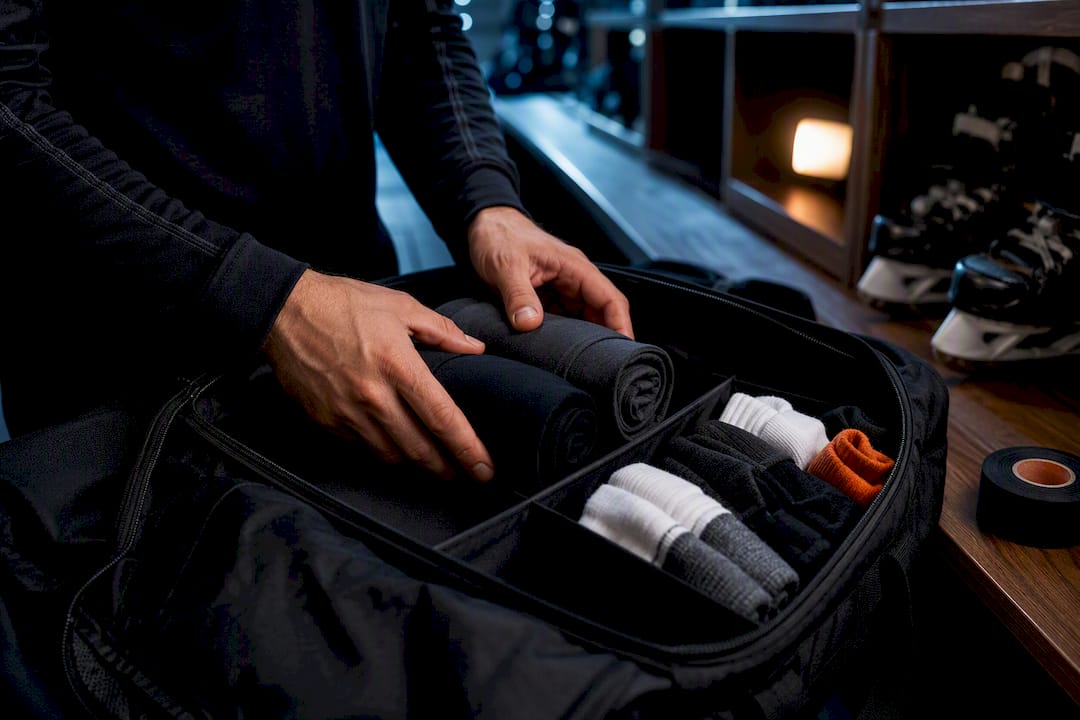 Multiple hockey base layers packed in duffel