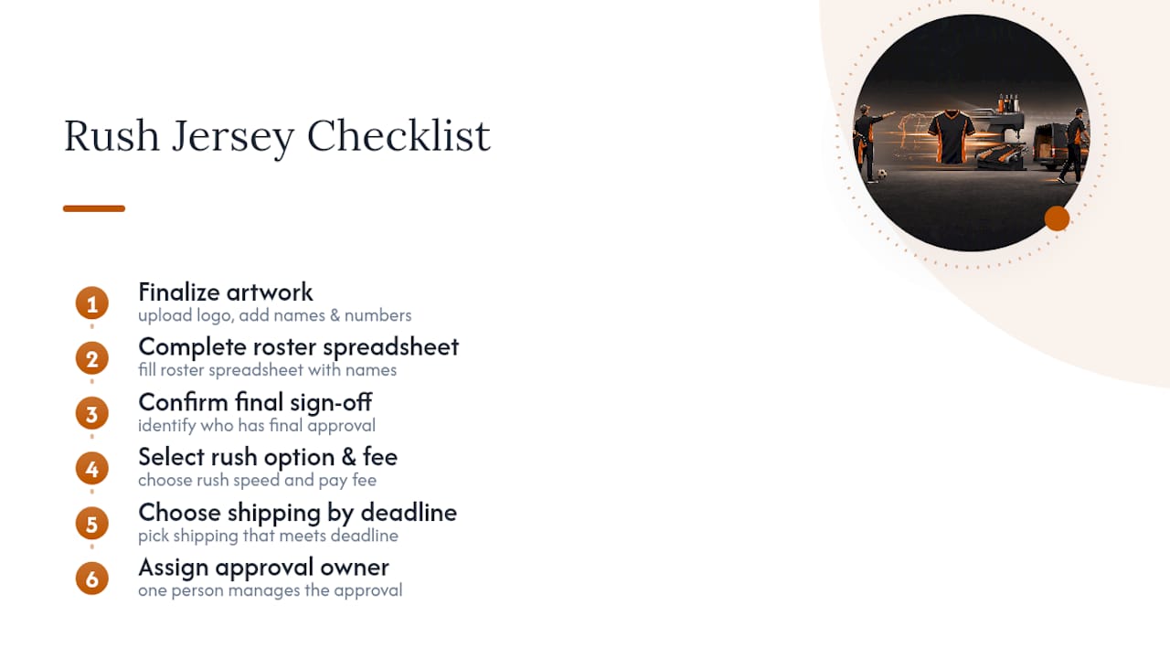Six-step rush jersey ordering checklist