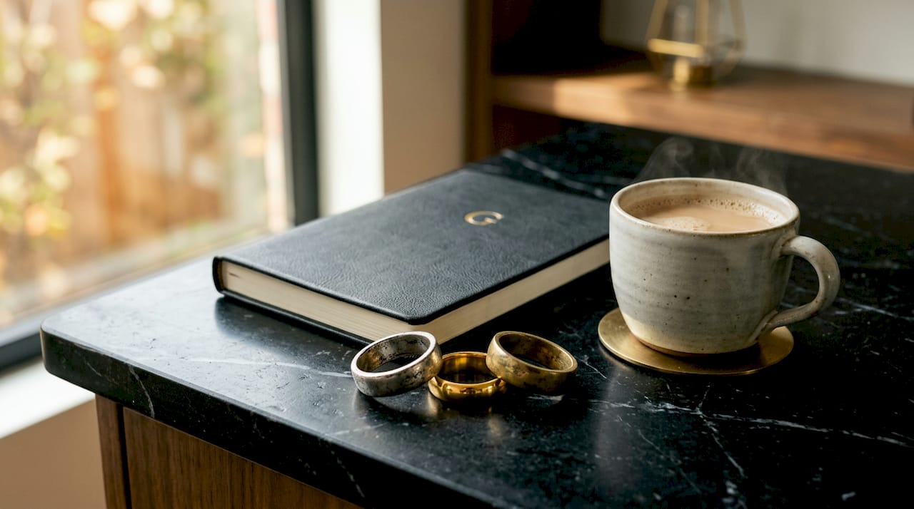 Tarnished and untarnished rings in dish on table