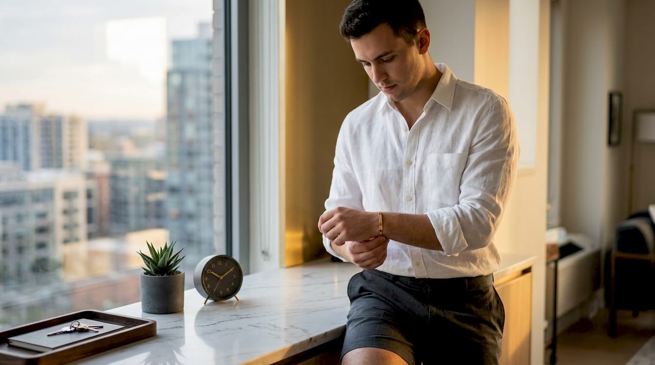 Man putting on engraved bracelet kitchen counter