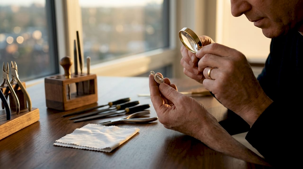 Jeweler examining gold vermeil pendant closely
