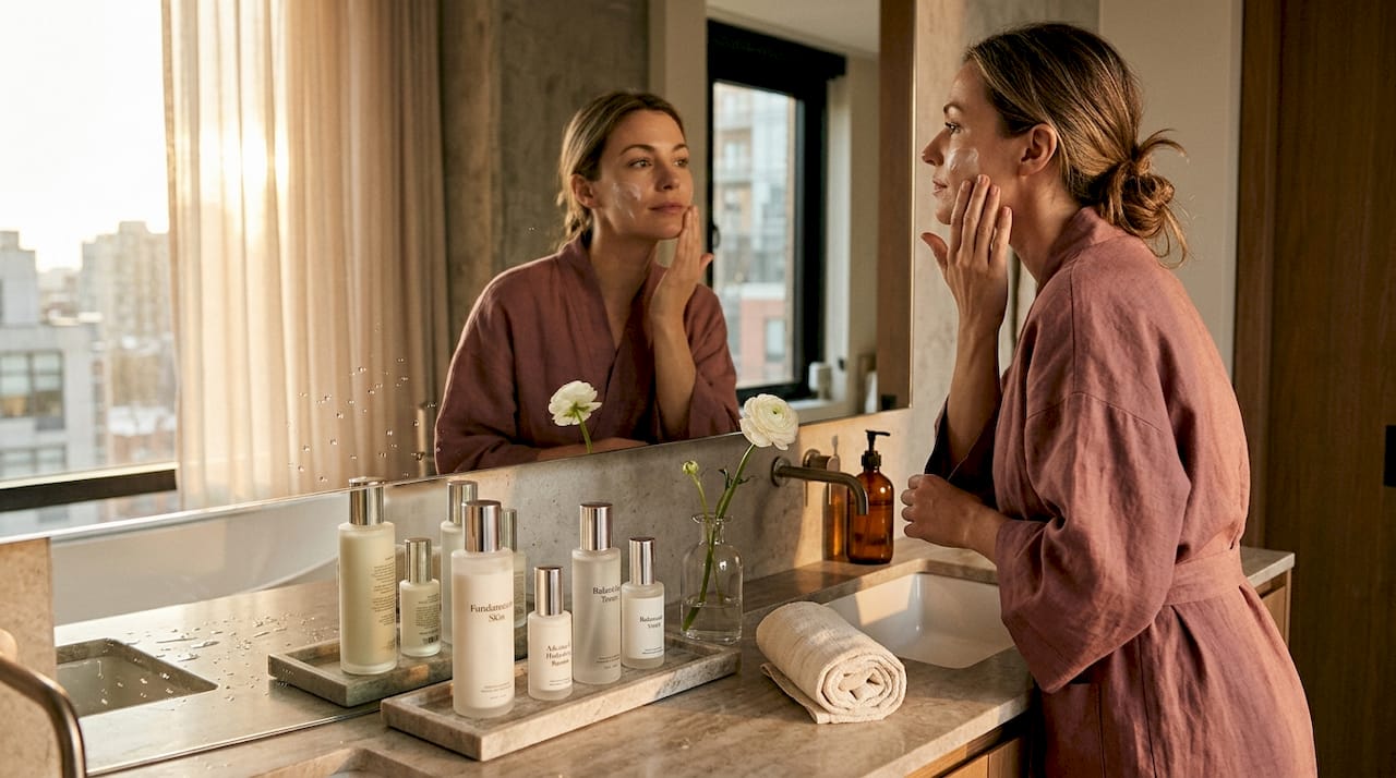 Woman applying lotion during home skincare routine
