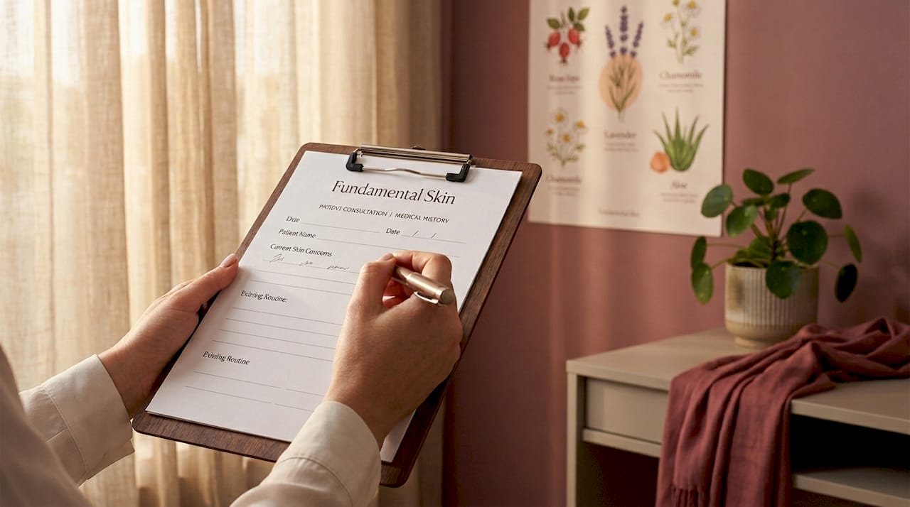 Hands holding medical history form during skin consultation