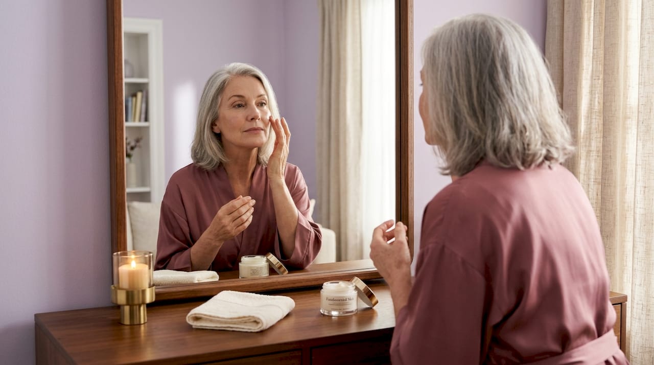 Mature woman applying moisturizer at vanity