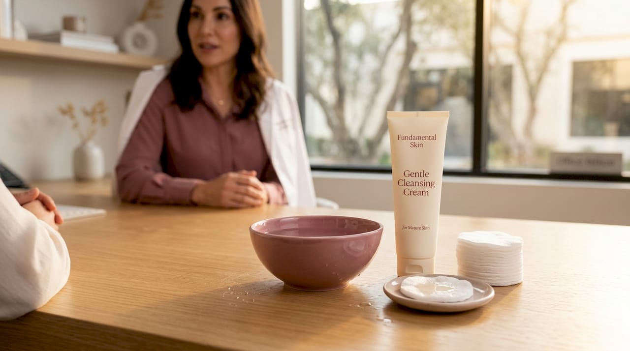 Dermatologist desk with gentle cleanser and cotton pad